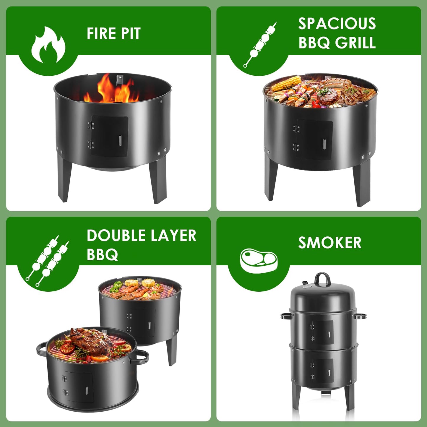 OURCAMP 17-Inch Vertical 17-Inch 3-in-1 Charcoal BBQ Smoker, Heavy-Duty Portable Outdoor Grill with Built-in Thermometer, Dual Air Vents, and Multi-Level Cooking for Camping & Backyard Parties - CookCave