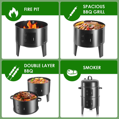 OURCAMP 17-Inch Vertical 17-Inch 3-in-1 Charcoal BBQ Smoker, Heavy-Duty Portable Outdoor Grill with Built-in Thermometer, Dual Air Vents, and Multi-Level Cooking for Camping & Backyard Parties - CookCave