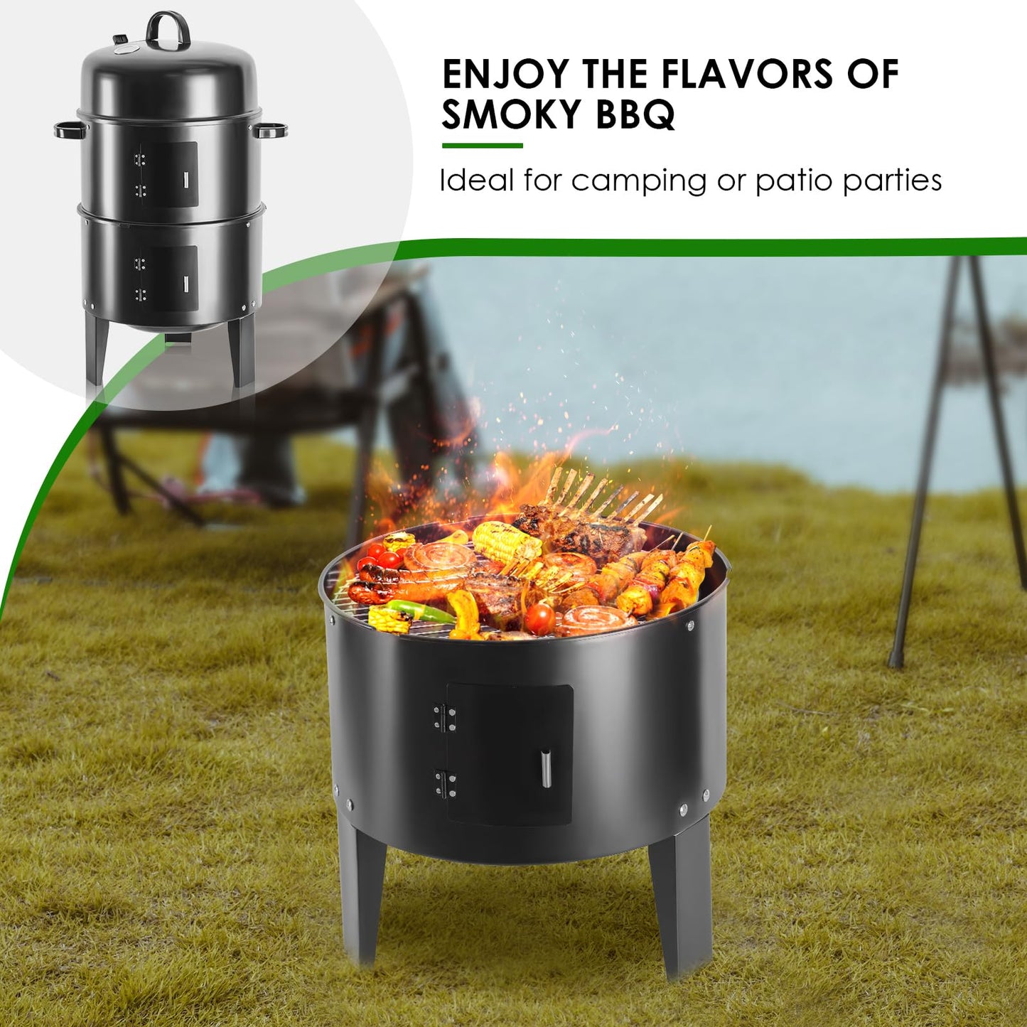 OURCAMP 17-Inch Vertical 17-Inch 3-in-1 Charcoal BBQ Smoker, Heavy-Duty Portable Outdoor Grill with Built-in Thermometer, Dual Air Vents, and Multi-Level Cooking for Camping & Backyard Parties - CookCave