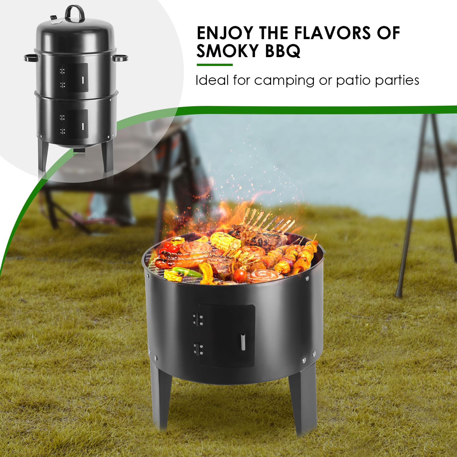 OURCAMP 17-Inch Vertical 17-Inch 3-in-1 Charcoal BBQ Smoker, Heavy-Duty Portable Outdoor Grill with Built-in Thermometer, Dual Air Vents, and Multi-Level Cooking for Camping & Backyard Parties - CookCave