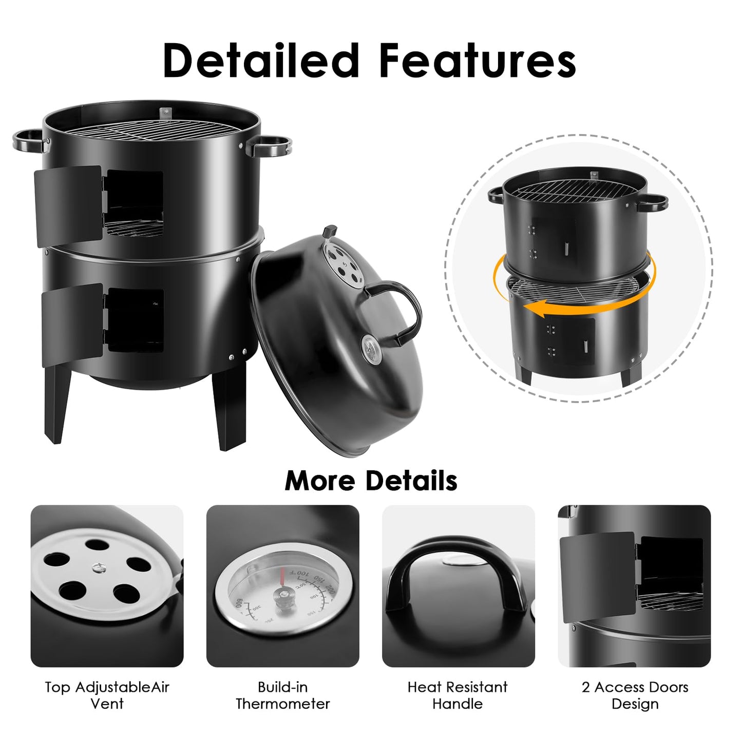 OURCAMP 17-Inch Vertical 17-Inch 3-in-1 Charcoal BBQ Smoker, Heavy-Duty Portable Outdoor Grill with Built-in Thermometer, Dual Air Vents, and Multi-Level Cooking for Camping & Backyard Parties - CookCave