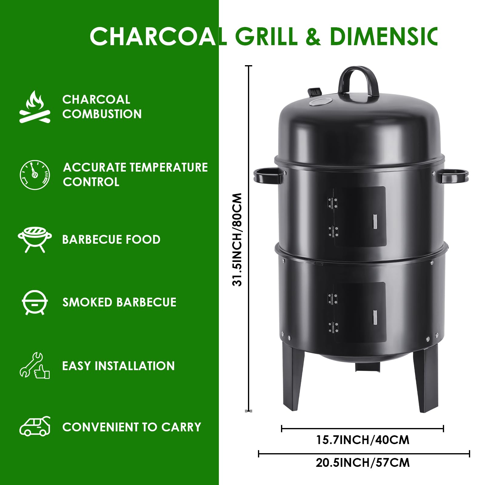 OURCAMP 17-Inch Vertical 17-Inch 3-in-1 Charcoal BBQ Smoker, Heavy-Duty Portable Outdoor Grill with Built-in Thermometer, Dual Air Vents, and Multi-Level Cooking for Camping & Backyard Parties - CookCave