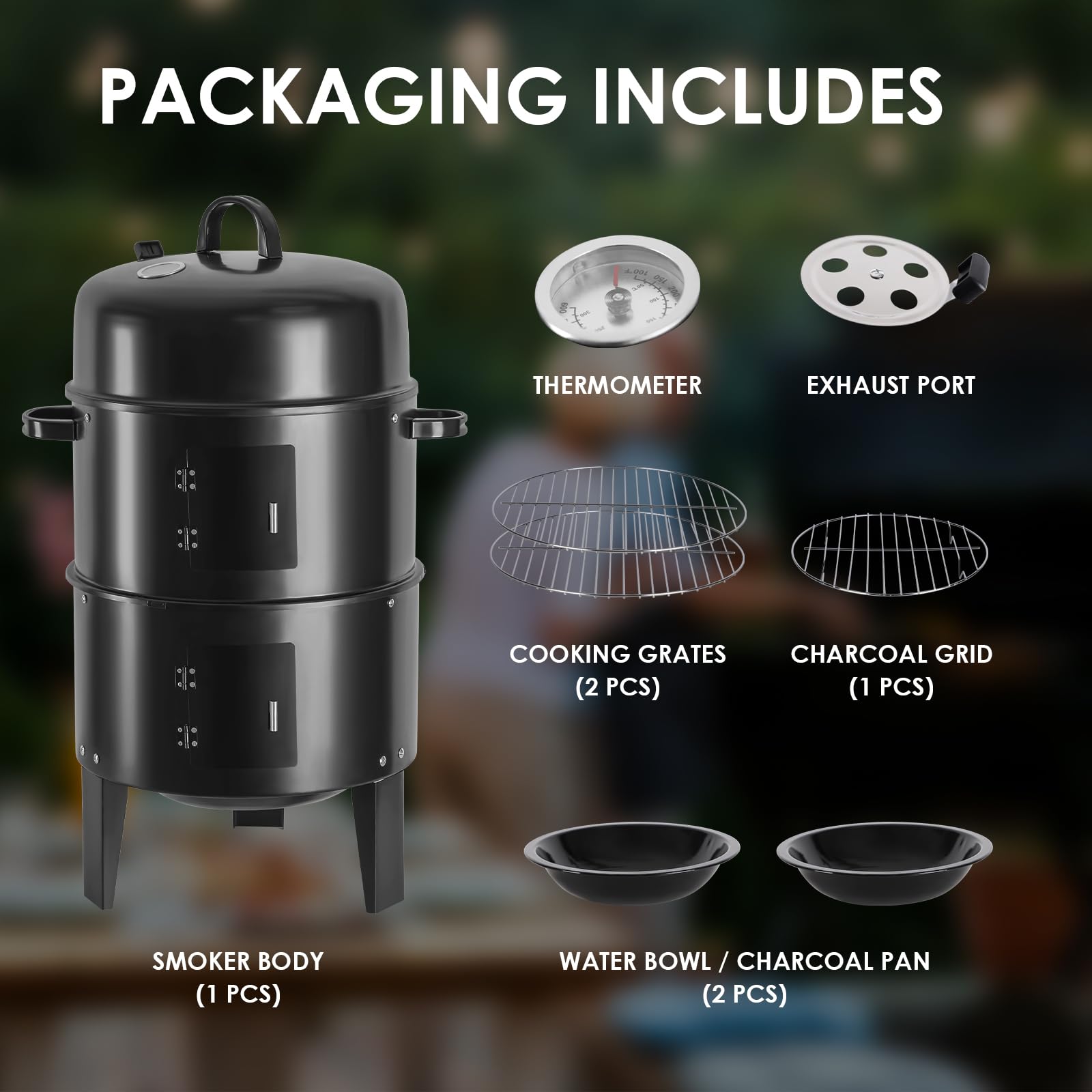 OURCAMP 17-Inch Vertical 17-Inch 3-in-1 Charcoal BBQ Smoker, Heavy-Duty Portable Outdoor Grill with Built-in Thermometer, Dual Air Vents, and Multi-Level Cooking for Camping & Backyard Parties - CookCave