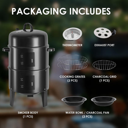 OURCAMP 17-Inch Vertical 17-Inch 3-in-1 Charcoal BBQ Smoker, Heavy-Duty Portable Outdoor Grill with Built-in Thermometer, Dual Air Vents, and Multi-Level Cooking for Camping & Backyard Parties - CookCave