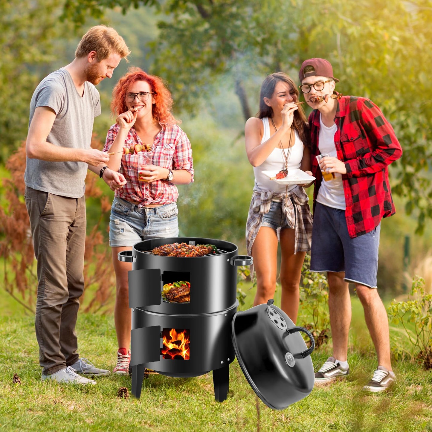 OURCAMP 17-Inch Vertical 17-Inch 3-in-1 Charcoal BBQ Smoker, Heavy-Duty Portable Outdoor Grill with Built-in Thermometer, Dual Air Vents, and Multi-Level Cooking for Camping & Backyard Parties - CookCave