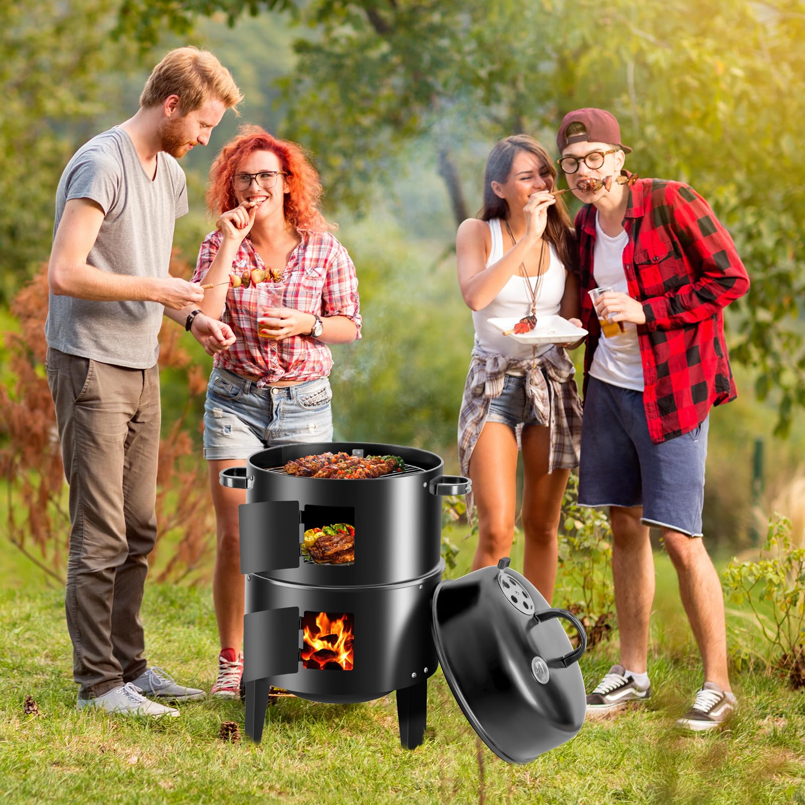 OURCAMP 17-Inch Vertical 17-Inch 3-in-1 Charcoal BBQ Smoker, Heavy-Duty Portable Outdoor Grill with Built-in Thermometer, Dual Air Vents, and Multi-Level Cooking for Camping & Backyard Parties - CookCave