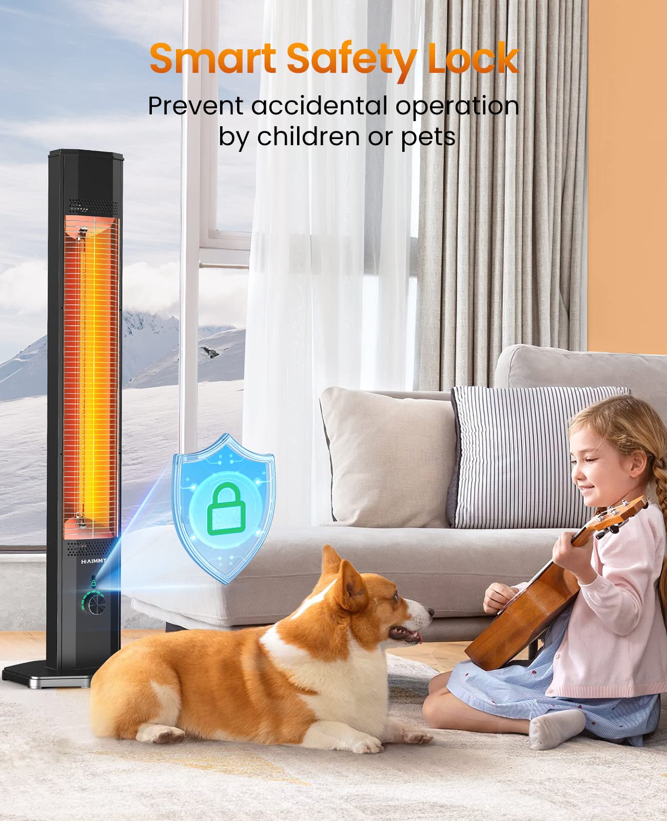 Outdoor Electric Patio Heater, Haimmy 42in Infrared Heater with Remote, 9 Heat Levels, 9H Timers, 1500W Instant Heating, Safety Lock, Tip-Over & Overheat Protection, IPX5 Waterproof Tower Space Heater - CookCave