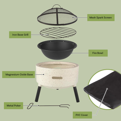Outdoor Fire Pit - 21” Round Faux Concrete Firepit - Wood Burning Fire Pit with Poker, Screen, Cover - Wood Fire Pits for Outside Patio by Pure Garden - CookCave