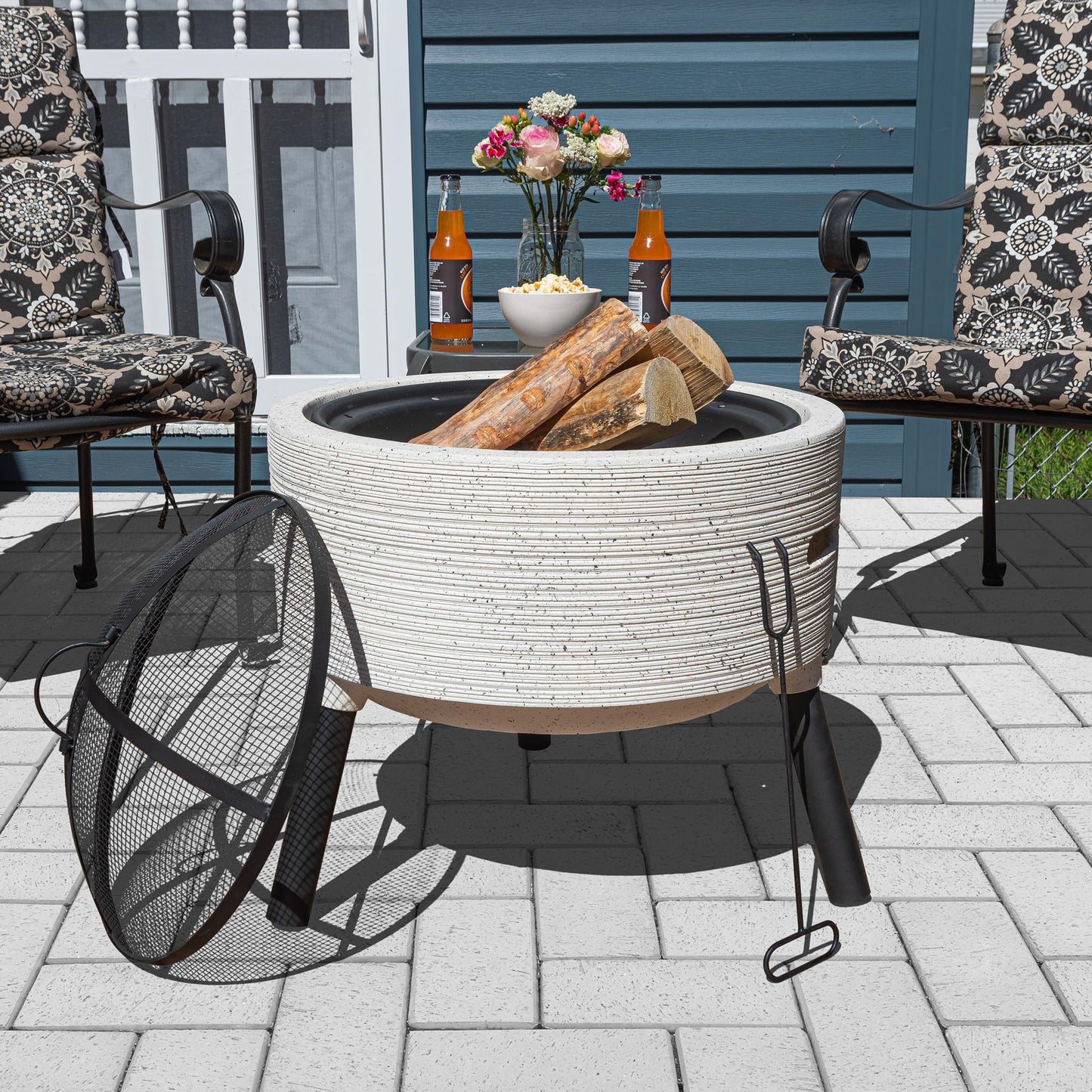 Outdoor Fire Pit - 21” Round Faux Concrete Firepit - Wood Burning Fire Pit with Poker, Screen, Cover - Wood Fire Pits for Outside Patio by Pure Garden - CookCave