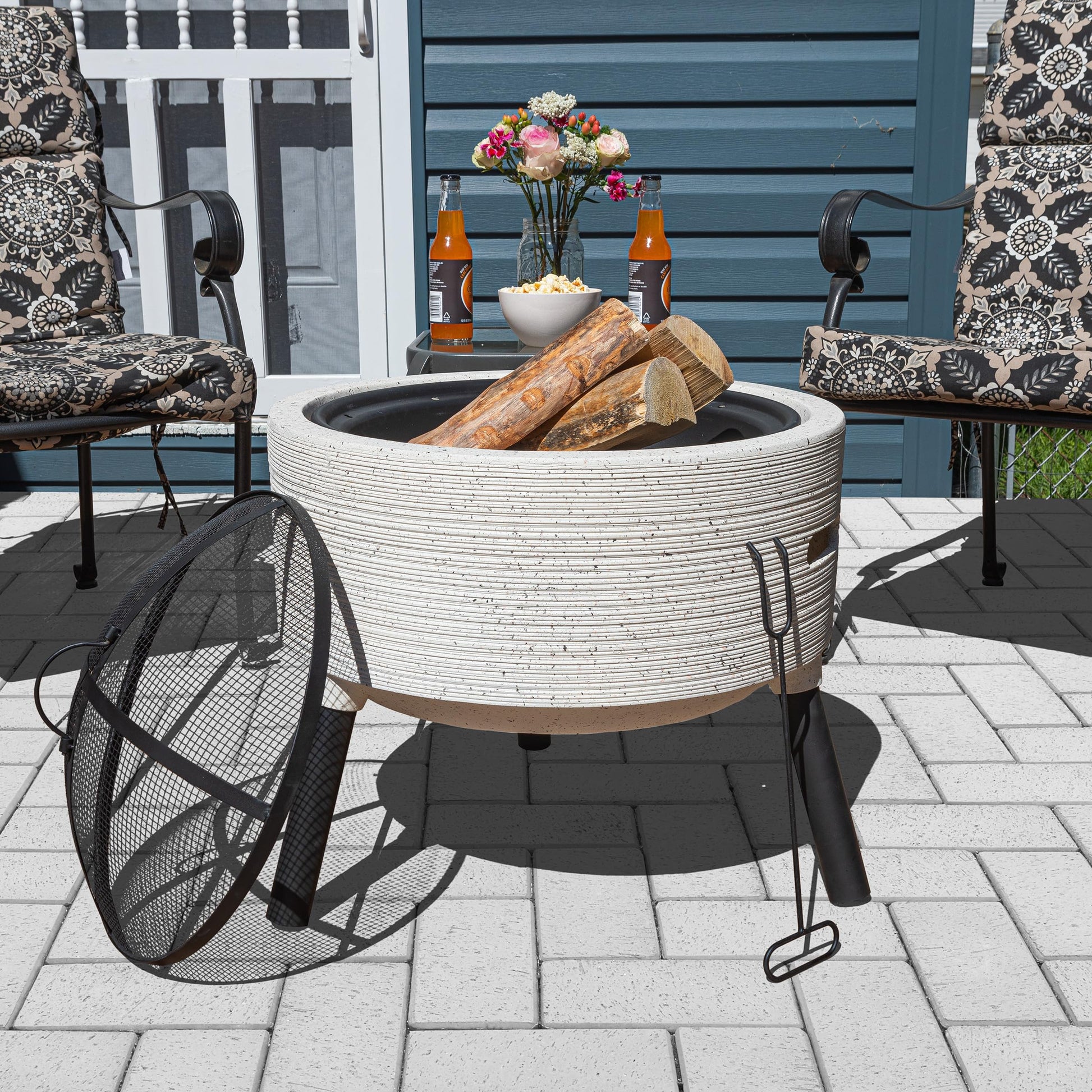 Outdoor Fire Pit - 21” Round Faux Concrete Firepit - Wood Burning Fire Pit with Poker, Screen, Cover - Wood Fire Pits for Outside Patio by Pure Garden - CookCave