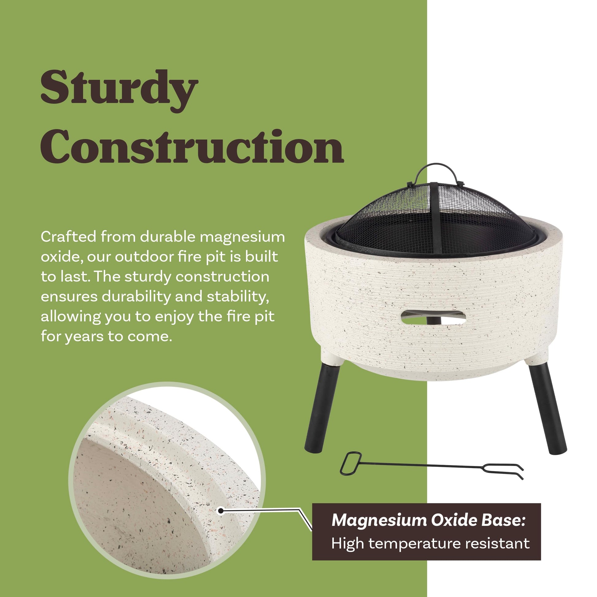 Outdoor Fire Pit - 21” Round Faux Concrete Firepit - Wood Burning Fire Pit with Poker, Screen, Cover - Wood Fire Pits for Outside Patio by Pure Garden - CookCave