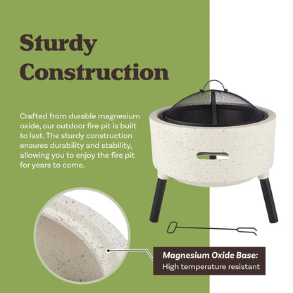 Outdoor Fire Pit - 21” Round Faux Concrete Firepit - Wood Burning Fire Pit with Poker, Screen, Cover - Wood Fire Pits for Outside Patio by Pure Garden - CookCave