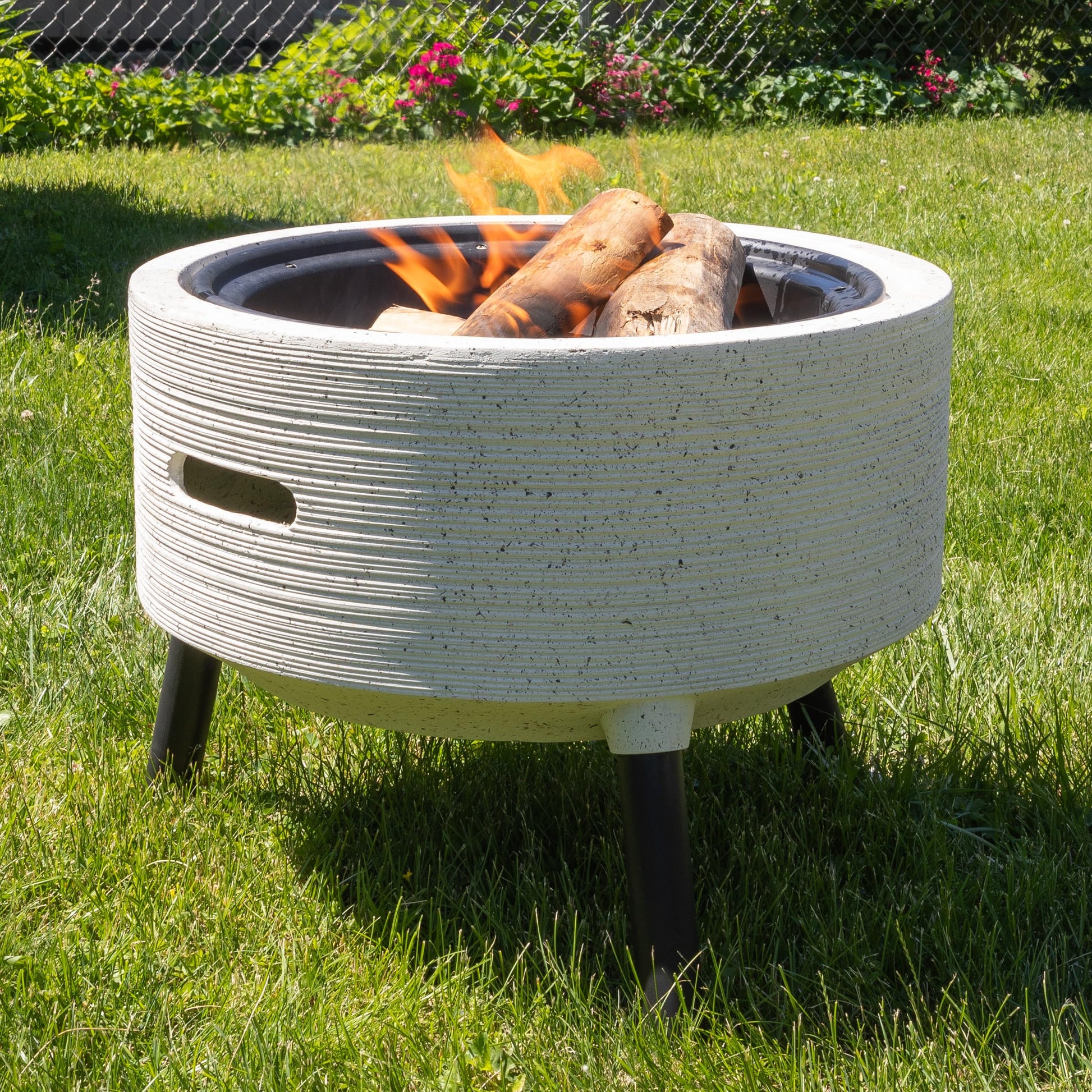 Outdoor Fire Pit - 21” Round Faux Concrete Firepit - Wood Burning Fire Pit with Poker, Screen, Cover - Wood Fire Pits for Outside Patio by Pure Garden - CookCave