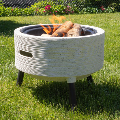 Outdoor Fire Pit - 21” Round Faux Concrete Firepit - Wood Burning Fire Pit with Poker, Screen, Cover - Wood Fire Pits for Outside Patio by Pure Garden - CookCave