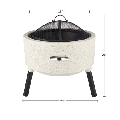 Outdoor Fire Pit - 21” Round Faux Concrete Firepit - Wood Burning Fire Pit with Poker, Screen, Cover - Wood Fire Pits for Outside Patio by Pure Garden - CookCave