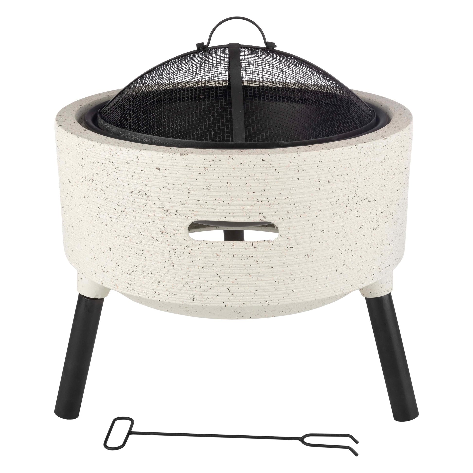 Outdoor Fire Pit - 21” Round Faux Concrete Firepit - Wood Burning Fire Pit with Poker, Screen, Cover - Wood Fire Pits for Outside Patio by Pure Garden - CookCave