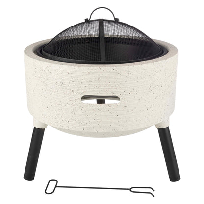 Outdoor Fire Pit - 21” Round Faux Concrete Firepit - Wood Burning Fire Pit with Poker, Screen, Cover - Wood Fire Pits for Outside Patio by Pure Garden - CookCave