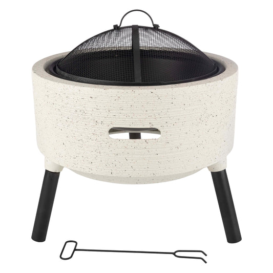 Outdoor Fire Pit - 21” Round Faux Concrete Firepit - Wood Burning Fire Pit with Poker, Screen, Cover - Wood Fire Pits for Outside Patio by Pure Garden - CookCave