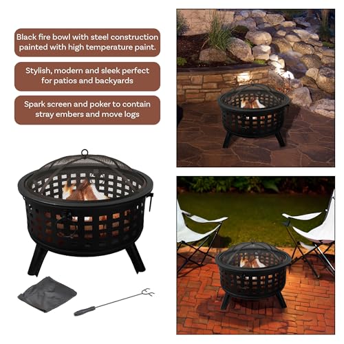 Outdoor Fire Pit - 26-Inch Round Lattice Wood Burning Firepit with Screen, Poker, Grate and Cover - Wood Fire Pits & Outdoor Fireplaces by Pure Garden - CookCave