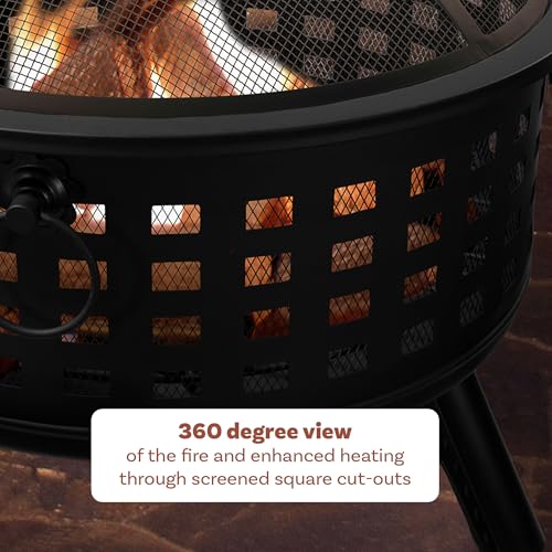 Outdoor Fire Pit - 26-Inch Round Lattice Wood Burning Firepit with Screen, Poker, Grate and Cover - Wood Fire Pits & Outdoor Fireplaces by Pure Garden - CookCave