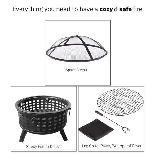 Outdoor Fire Pit - 26-Inch Round Lattice Wood Burning Firepit with Screen, Poker, Grate and Cover - Wood Fire Pits & Outdoor Fireplaces by Pure Garden - CookCave