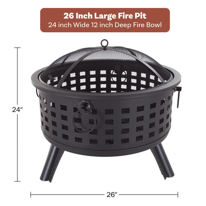 Outdoor Fire Pit - 26-Inch Round Lattice Wood Burning Firepit with Screen, Poker, Grate and Cover - Wood Fire Pits & Outdoor Fireplaces by Pure Garden - CookCave