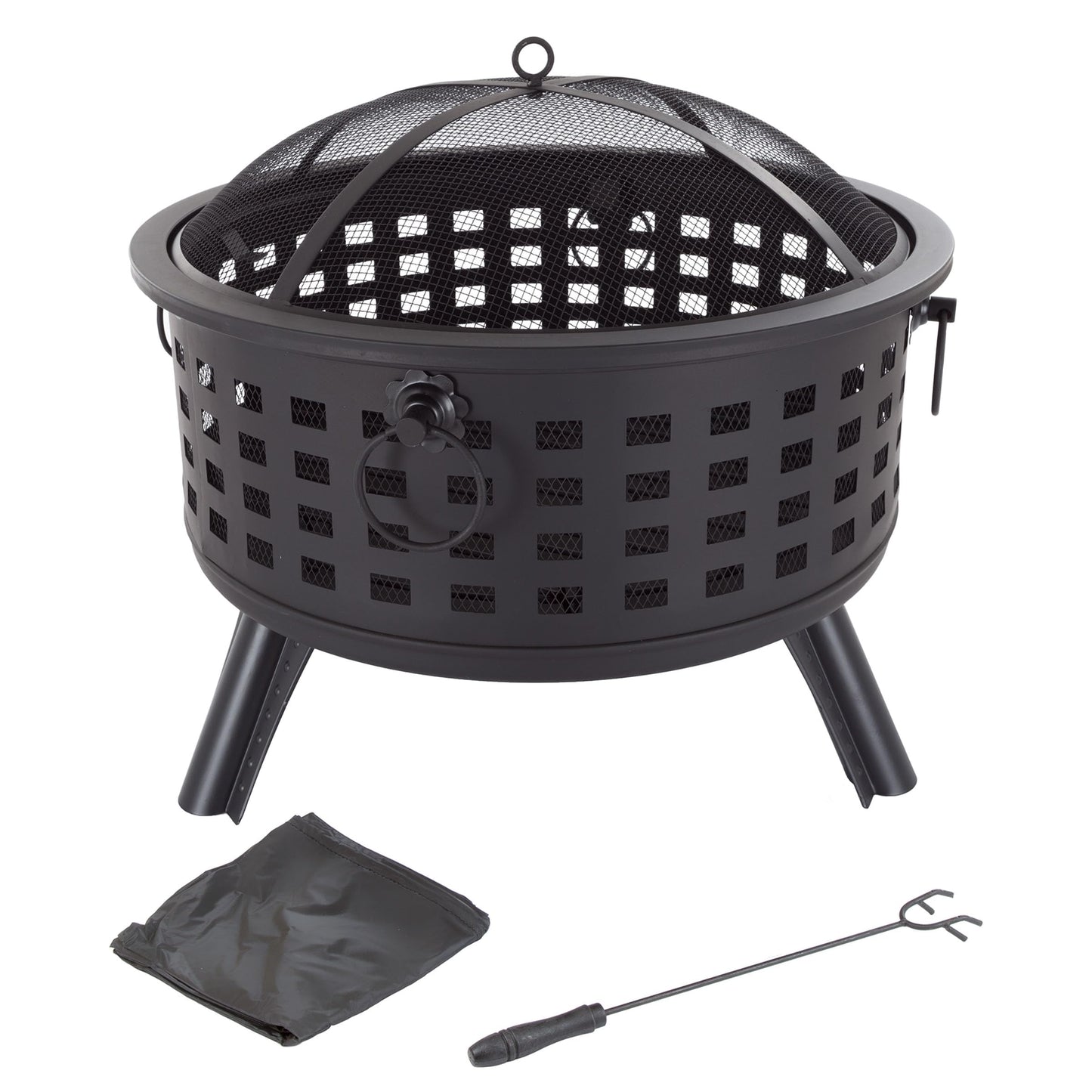 Outdoor Fire Pit - 26-Inch Round Lattice Wood Burning Firepit with Screen, Poker, Grate and Cover - Wood Fire Pits & Outdoor Fireplaces by Pure Garden - CookCave