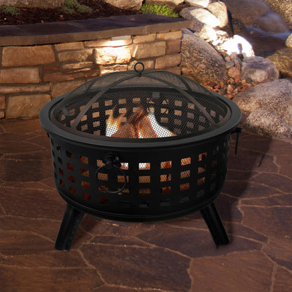 Outdoor Fire Pit - 26-Inch Round Lattice Wood Burning Firepit with Screen, Poker, Grate and Cover - Wood Fire Pits & Outdoor Fireplaces by Pure Garden - CookCave
