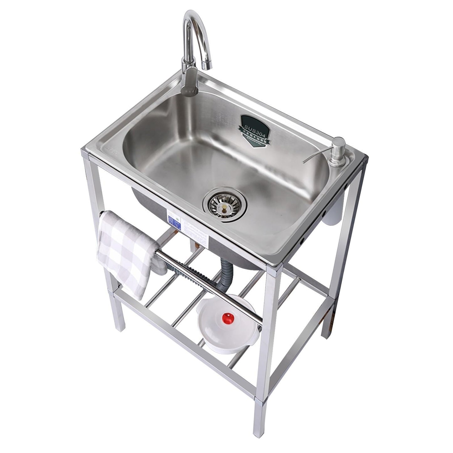 Outdoor Garden Sink Single Trough For Washing, Small Stainless Steel Utility Kitchen Hand Basin Station Sink Tub with Storage Shelve and Faucet, for Restaurant, Bar, Laundry, Garage, Backyard(54*40*75 - CookCave