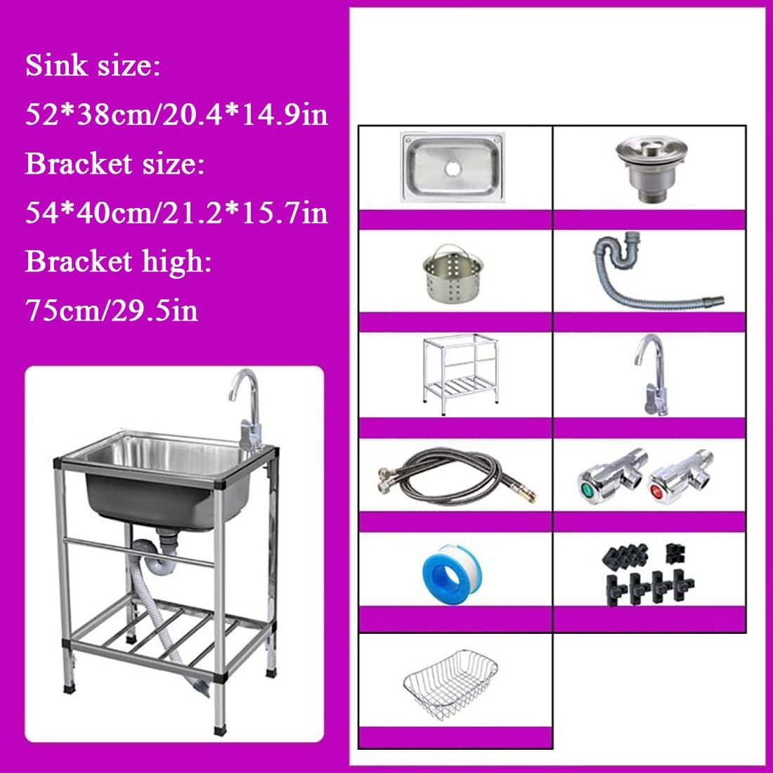 Outdoor Garden Sink Single Trough For Washing, Small Stainless Steel Utility Kitchen Hand Basin Station Sink Tub with Storage Shelve and Faucet, for Restaurant, Bar, Laundry, Garage, Backyard(54*40*75 - CookCave