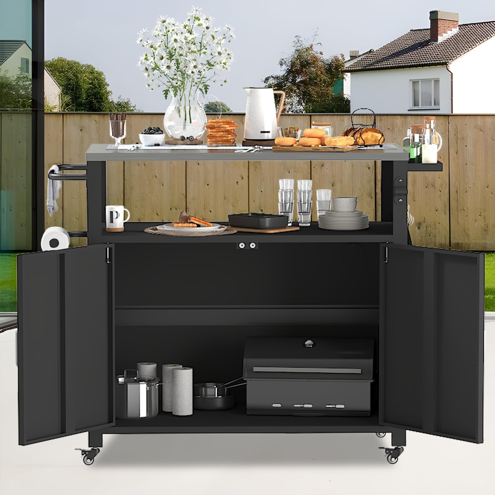 Outdoor Grill Table with Storage, Outdoor Grill Cart for BBQ, Patio, and Backyard, Outdoor Kitchen Island with Stainless Steel Top, 44.88 x 18.11 x 35.43 inch - CookCave