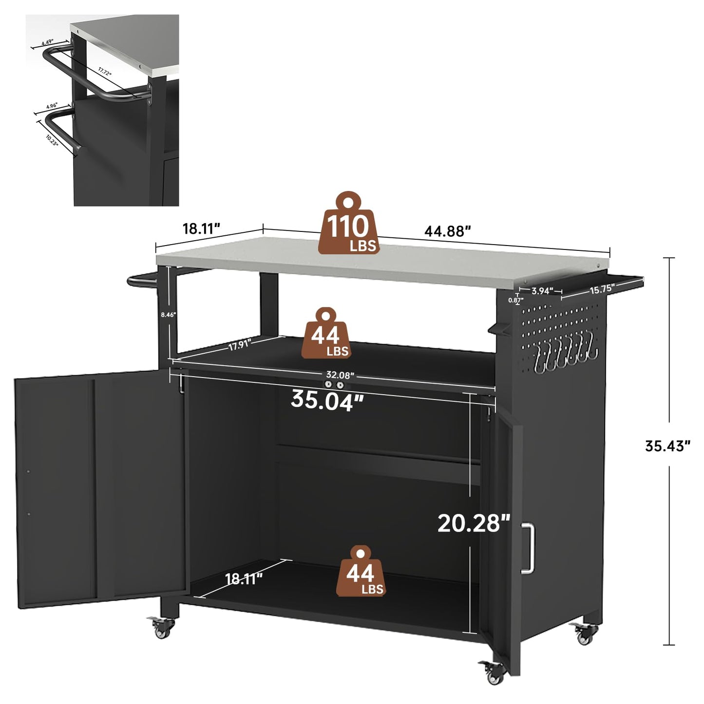 Outdoor Grill Table with Storage, Outdoor Grill Cart for BBQ, Patio, and Backyard, Outdoor Kitchen Island with Stainless Steel Top, 44.88 x 18.11 x 35.43 inch - CookCave