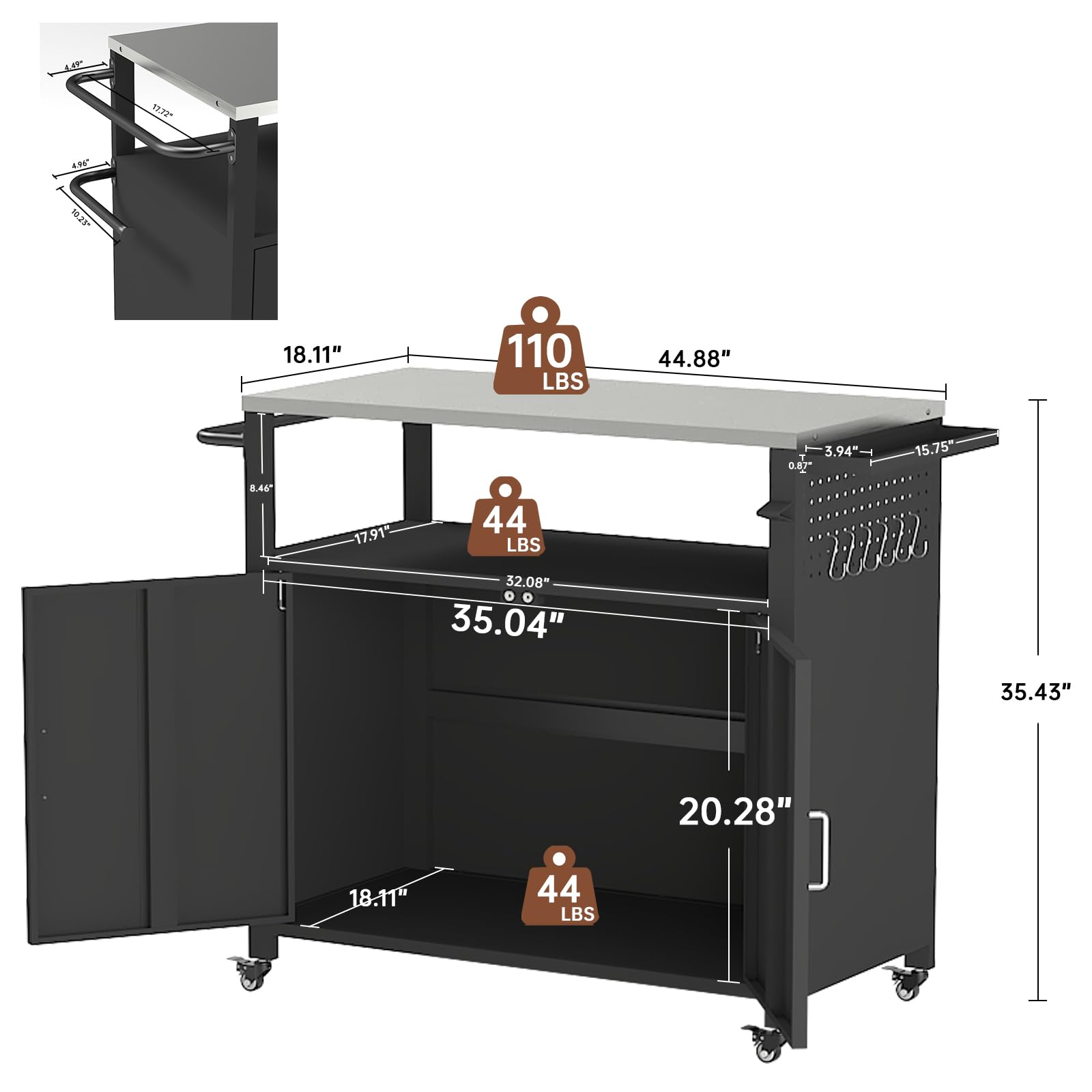 Outdoor Grill Table with Storage, Outdoor Grill Cart for BBQ, Patio, and Backyard, Outdoor Kitchen Island with Stainless Steel Top, 44.88 x 18.11 x 35.43 inch - CookCave