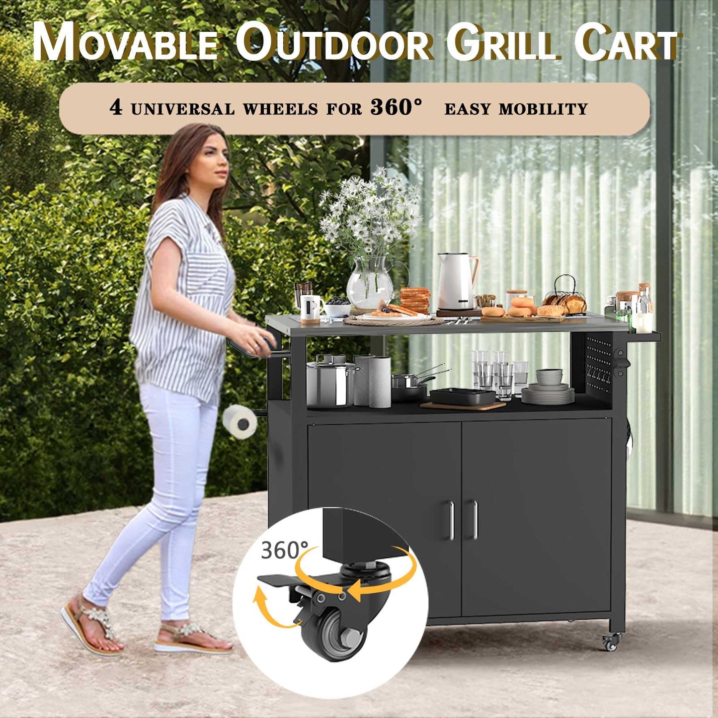 Outdoor Grill Table with Storage, Outdoor Grill Cart for BBQ, Patio, and Backyard, Outdoor Kitchen Island with Stainless Steel Top, 44.88 x 18.11 x 35.43 inch - CookCave