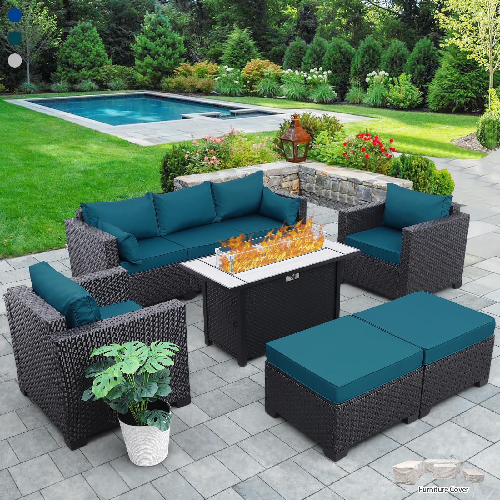 Outdoor Patio Furniture 60000 BTU Outdoor Propane Fire Pit Table Patio Furniture Set 45 In Outdoor Fire Pits 6 Pieces Patio Sofa Outdoor Chairs Anti-slip Cushions Waterproof Covers, Peacock Blue - CookCave