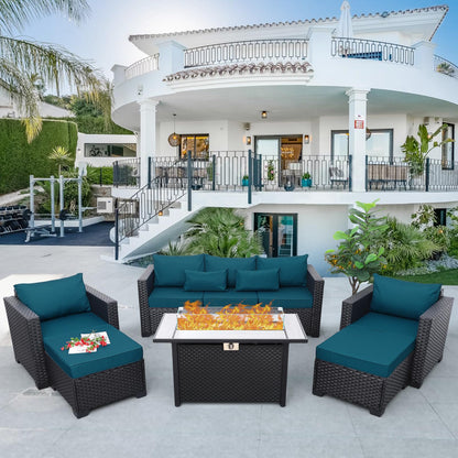 Outdoor Patio Furniture 60000 BTU Outdoor Propane Fire Pit Table Patio Furniture Set 45 In Outdoor Fire Pits 6 Pieces Patio Sofa Outdoor Chairs Anti-slip Cushions Waterproof Covers, Peacock Blue - CookCave