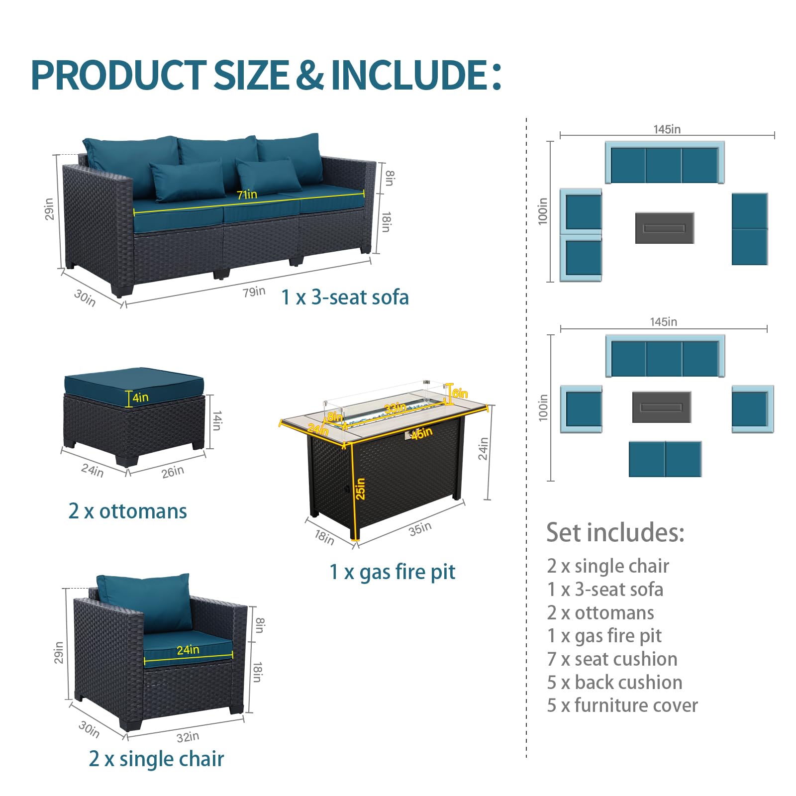 Outdoor Patio Furniture 60000 BTU Outdoor Propane Fire Pit Table Patio Furniture Set 45 In Outdoor Fire Pits 6 Pieces Patio Sofa Outdoor Chairs Anti-slip Cushions Waterproof Covers, Peacock Blue - CookCave