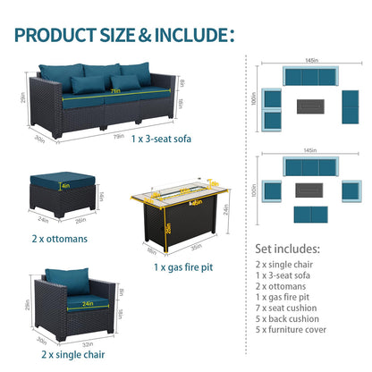 Outdoor Patio Furniture 60000 BTU Outdoor Propane Fire Pit Table Patio Furniture Set 45 In Outdoor Fire Pits 6 Pieces Patio Sofa Outdoor Chairs Anti-slip Cushions Waterproof Covers, Peacock Blue - CookCave