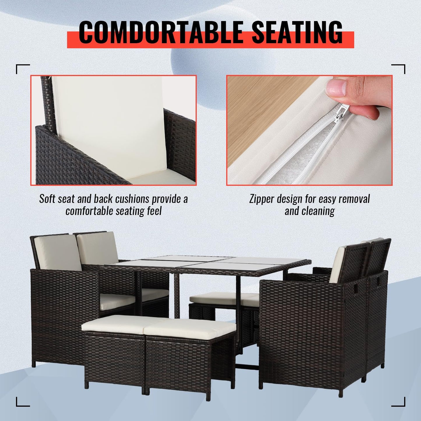 Outdoor Patio Furniture Set 9 Pieces Patio Dining Sets Space Saving Wicker Furniture with 4 Rattan Chairs 4 Ottomans and Glass Table for Outdoor Backyard Porch Poolside Balcony,Khaki Cushion - CookCave