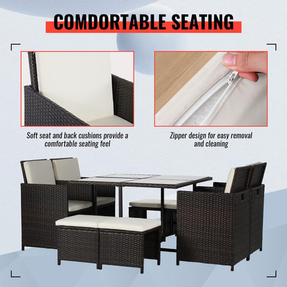 Outdoor Patio Furniture Set 9 Pieces Patio Dining Sets Space Saving Wicker Furniture with 4 Rattan Chairs 4 Ottomans and Glass Table for Outdoor Backyard Porch Poolside Balcony,Khaki Cushion - CookCave