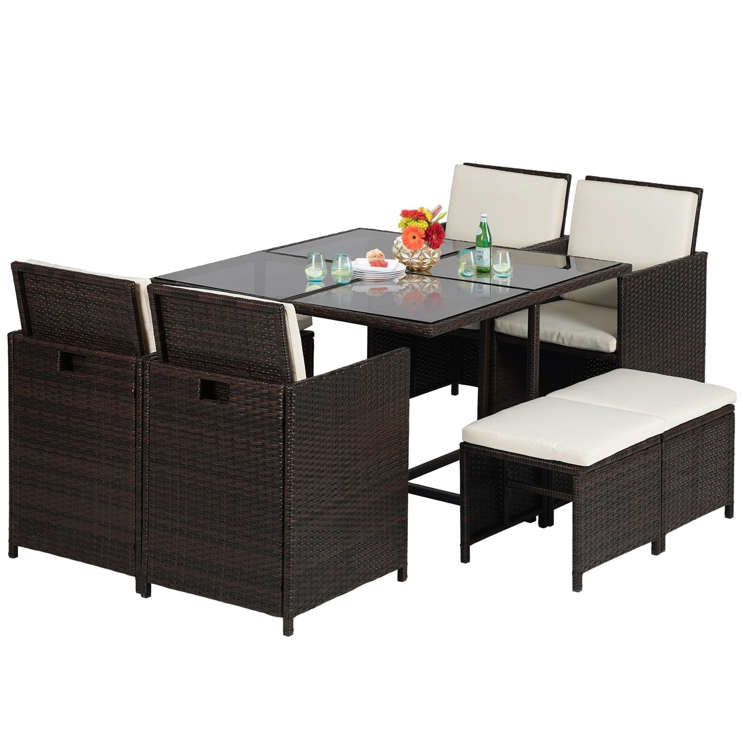 Outdoor Patio Furniture Set 9 Pieces Patio Dining Sets Space Saving Wicker Furniture with 4 Rattan Chairs 4 Ottomans and Glass Table for Outdoor Backyard Porch Poolside Balcony,Khaki Cushion - CookCave