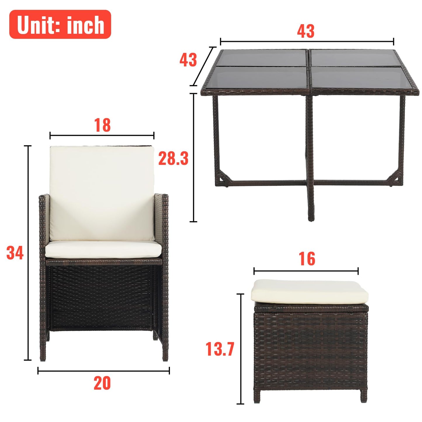 Outdoor Patio Furniture Set 9 Pieces Patio Dining Sets Space Saving Wicker Furniture with 4 Rattan Chairs 4 Ottomans and Glass Table for Outdoor Backyard Porch Poolside Balcony,Khaki Cushion - CookCave
