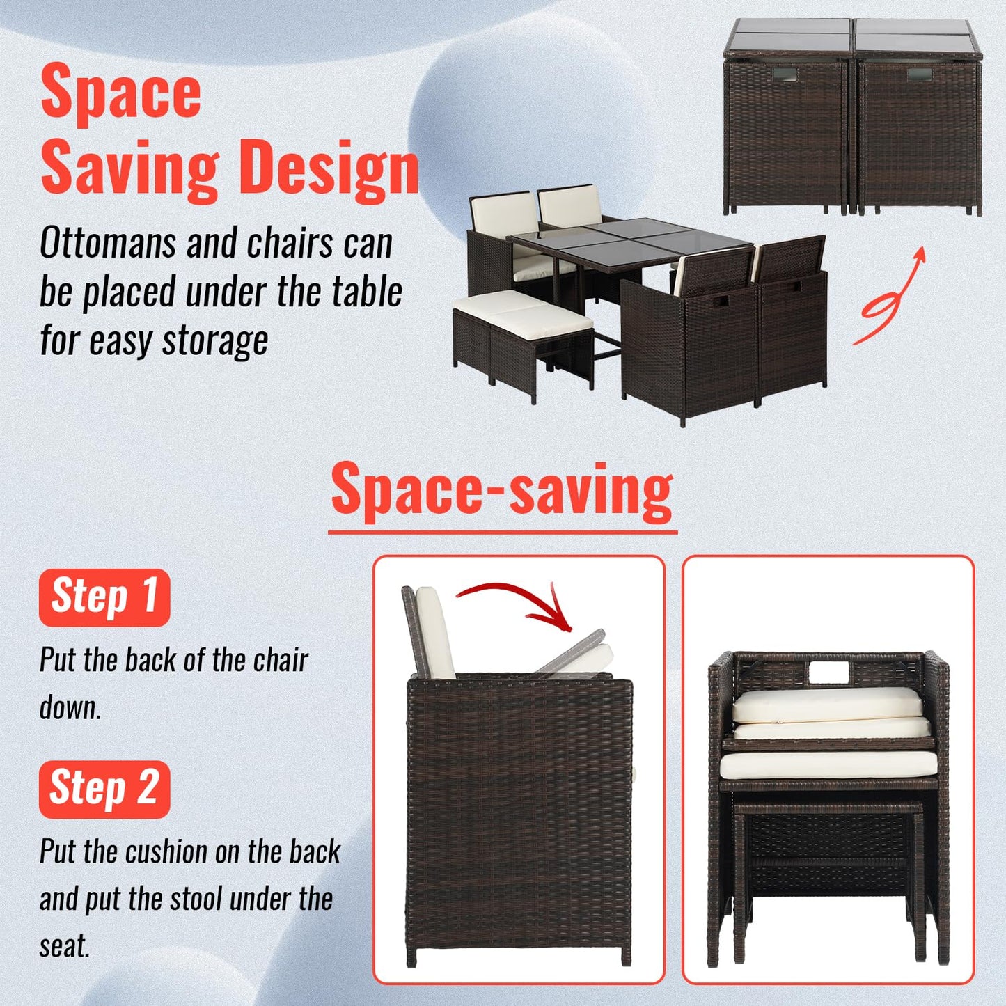 Outdoor Patio Furniture Set 9 Pieces Patio Dining Sets Space Saving Wicker Furniture with 4 Rattan Chairs 4 Ottomans and Glass Table for Outdoor Backyard Porch Poolside Balcony,Khaki Cushion - CookCave