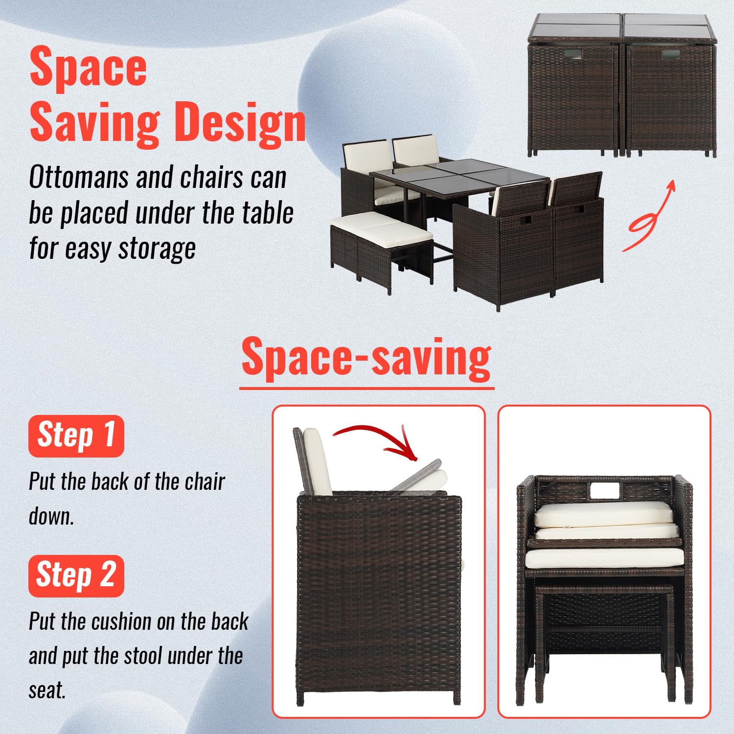 Outdoor Patio Furniture Set 9 Pieces Patio Dining Sets Space Saving Wicker Furniture with 4 Rattan Chairs 4 Ottomans and Glass Table for Outdoor Backyard Porch Poolside Balcony,Khaki Cushion - CookCave