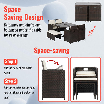 Outdoor Patio Furniture Set 9 Pieces Patio Dining Sets Space Saving Wicker Furniture with 4 Rattan Chairs 4 Ottomans and Glass Table for Outdoor Backyard Porch Poolside Balcony,Khaki Cushion - CookCave