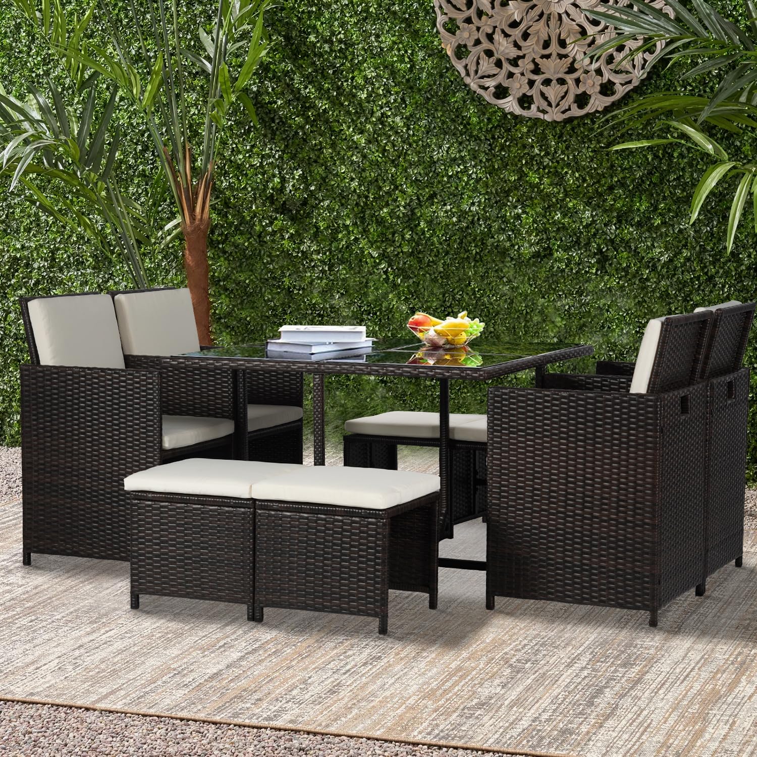 Outdoor Patio Furniture Set 9 Pieces Patio Dining Sets Space Saving Wicker Furniture with 4 Rattan Chairs 4 Ottomans and Glass Table for Outdoor Backyard Porch Poolside Balcony,Khaki Cushion - CookCave