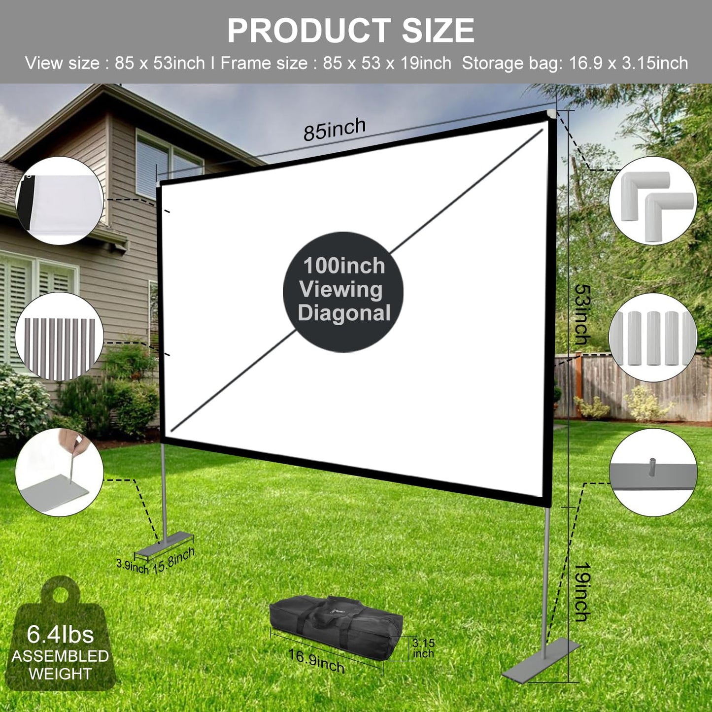 Outdoor Projector Screen with Stand 100 Inch: Portable Projection Screen 16:10 4K HD Outdoor Movie Screen with Carry Bag for Home Backyard Theater - CookCave