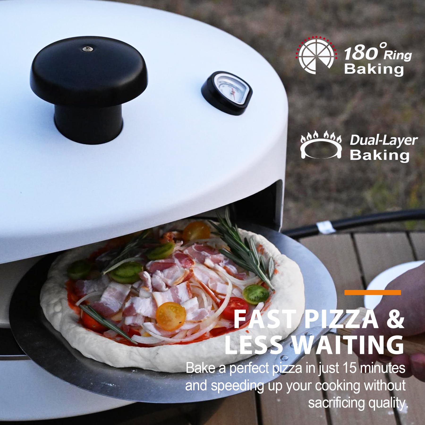 Outdoor Propane Pizza Oven with Automatic Ignition & Panoramic Viewing – Fits 15-Inch Pizzas, Cordierite Stone for Perfect Crispy Crusts, Built-In Thermometer & Pizza Spatula Included - CookCave