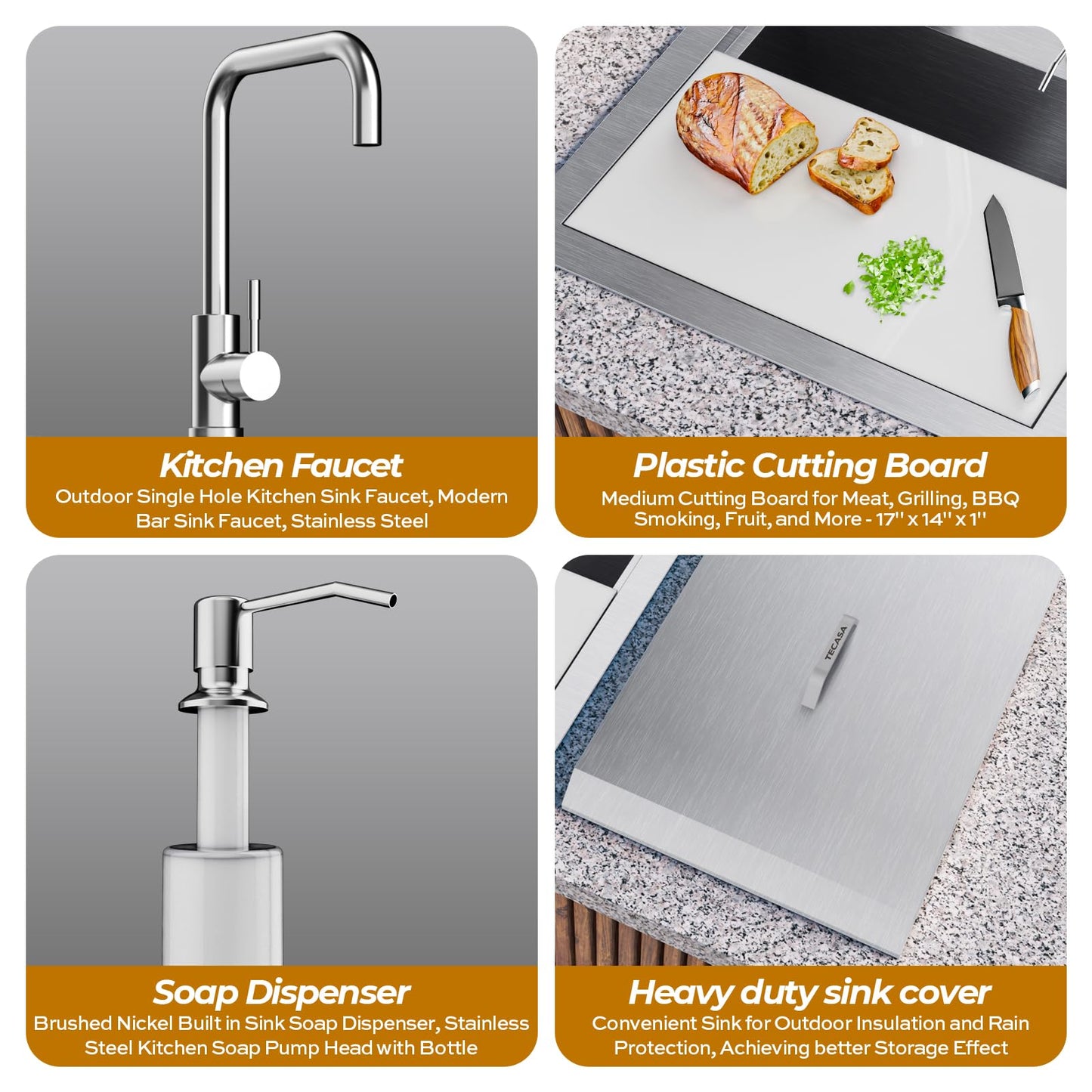 Outdoor Sink, TECASA 21 x 18 Inch Drop-in Workstation Kitchen Sink with Dust Lid and Faucet, T304 Stainless Steel Single Bowl Bar Basin with Cutting Board for Garage, RV, BBQ & Gardening - CookCave