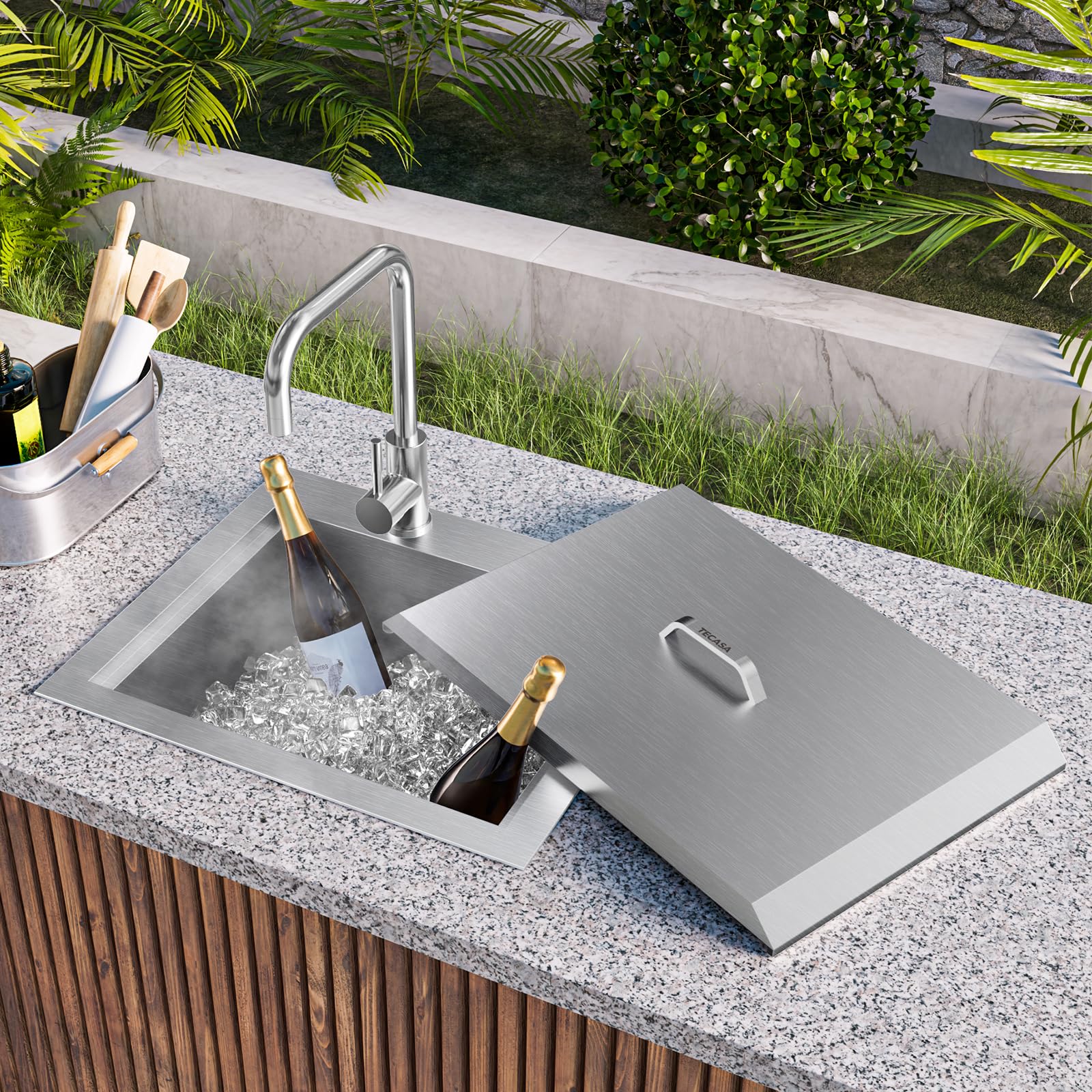 Outdoor Sink, TECASA 21 x 18 Inch Drop-in Workstation Kitchen Sink with Dust Lid and Faucet, T304 Stainless Steel Single Bowl Bar Basin with Cutting Board for Garage, RV, BBQ & Gardening - CookCave